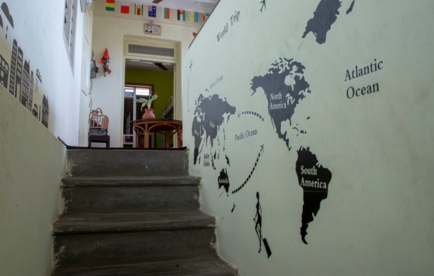 world map painted in the decostel backpackers hostel