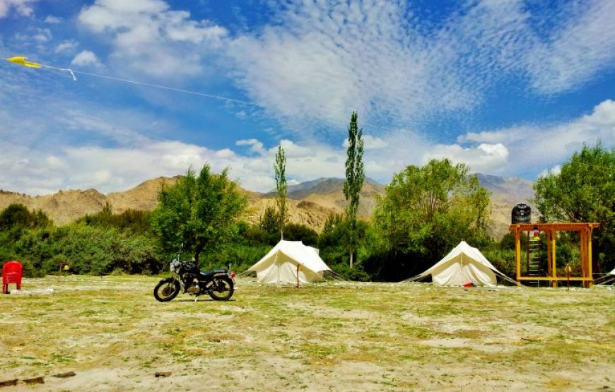 bike and tents at camping in leh